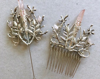 The INDIE Boutonniere Lapel Headscarf Pin Corsage. Rose quartz crystal branch gothic faerie prom bridesmaid groomsman