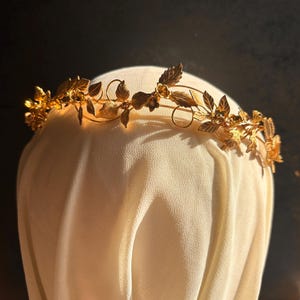 May include: A gold-colored floral crown with delicate leaves and flowers. The crown is made of thin, flexible metal and is designed to be worn on the head. The leaves and flowers are intricately detailed, giving the crown a natural and elegant appearance.