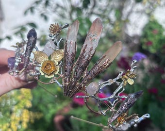 The DELPHINE Woodland Flower Crown: Vintage Bohemian Tiara with Quartz