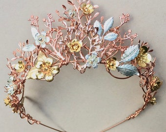 The ANEMONE Flower Leaf Branch Tiara Diadem Crown - leaves floral rose gold prom bride wreath.