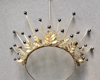 The SELENE Vampire Black Peacock Pearl Crown Diadem Carnival Festival Bridal Prom Halloween Leaf Tiara