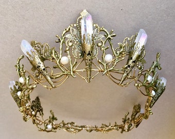 The EVANGELINE FULL Crown, Angel Aura Rainbow Quartz Crystal, Filigree, Tiara, Prom, Festival, Wedding, Bridal, Fairy, Branch, Leaf, Flower