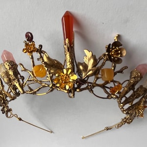 The AUBREY fire stone and flowers Crystal crown tiara. Blood Amber, Citrine, Garnet and Quartz. Vintage, Woodland, Bride, Game of Thrones image 2