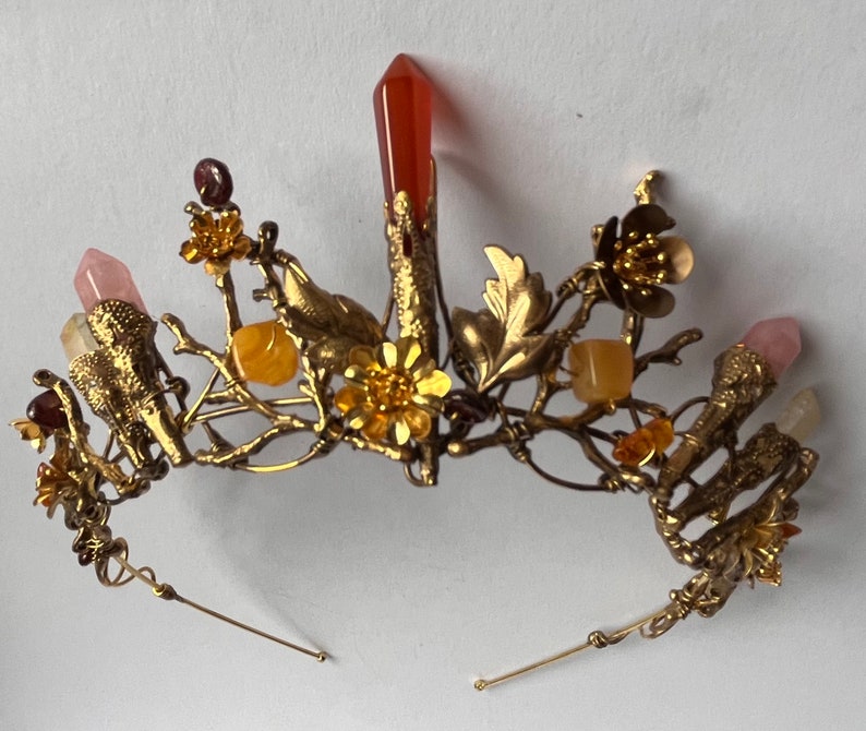 The AUBREY fire stone and flowers Crystal crown tiara. Blood Amber, Citrine, Garnet and Quartz. Vintage, Woodland, Bride, Game of Thrones image 2