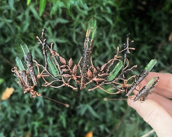 The VERDANT INDIE Crown -  Quartz and Leaf Crystal Crown Tiara - Bridal, Ritual, Headdress, Festival, Prom, Branch, Twig, Wood