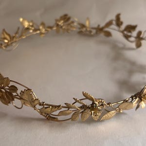 May include: A gold-toned metal crown featuring a delicate vine-like structure adorned with small, textured leaves and tiny flower blossoms. The circular headpiece is constructed from thin, flexible wire, creating an intricate botanical design.