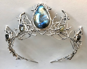 The LUNA Labradorite woodland Crown - branch natural quartz stones handmade striking tiara headpiece quartz crystal silver gold