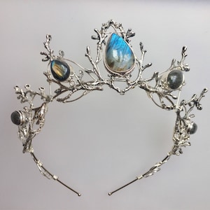 May include: Silver crown with a delicate branch design and iridescent blue and black gemstones.