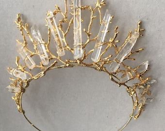 The ESME MAXI Crown - Quartz Raw Crystal and Branch Twig Antler Woodland Ethereal Natural Crown.