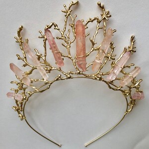 The ADA Crown Tiara Branch Twig Coral Diadem Pink Rose Gold Hematite Quartz Headpiece Mermaid Prom image 2