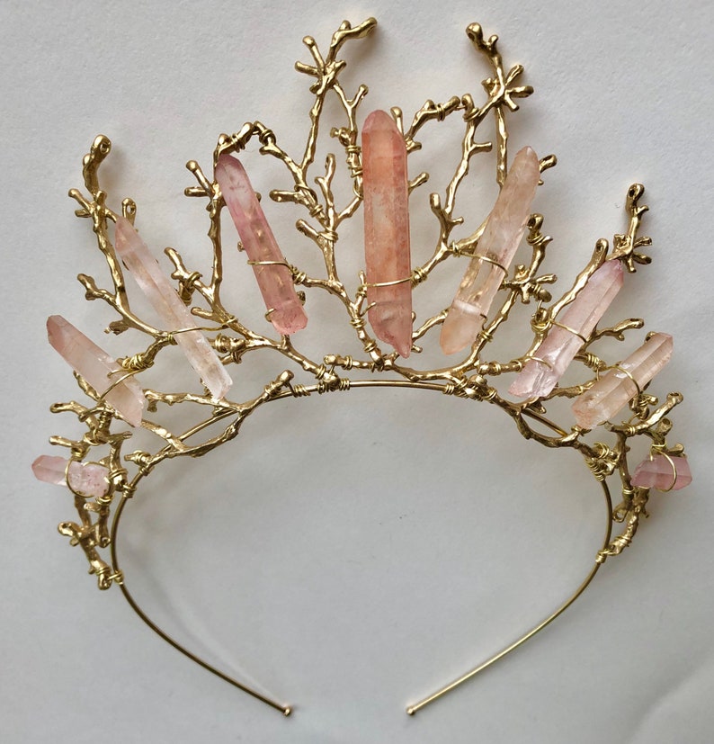 The ADA Crown Tiara Branch Twig Coral Diadem Pink Rose Gold Hematite Quartz Headpiece Mermaid Prom image 2