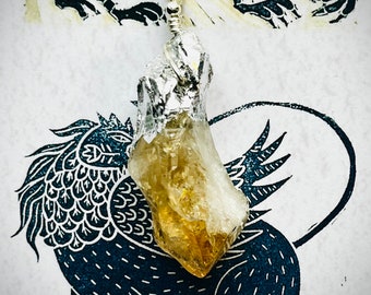 Silver Gilded Raw Yellow Citrine  Quartz Pendant Necklace, Witchy Boho Magic