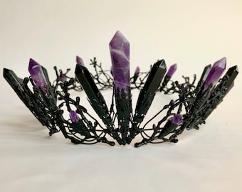 The SERAPHINA Circlet, Amethyst and Onyx Black Full Crown Witchy Goth Bride Crystal Tiara Occult Quartz Tiara