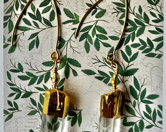 Gold Clear Raw Rock Crystal Quartz Earrings Statement Hook Gilt Dipped
