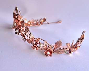 The PEARLITA Peaked Leaf Hair Vine Headpiece Tiara Diadem with Tiny Flowers and Freshwater Pearls. Headband Bridal Prom Bridesmaid.