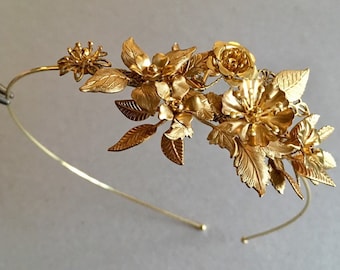 The ELOISE Flower Corsage Headband - Brass Vintage Floral Tiara Bridal Organic Boho Hair Wedding