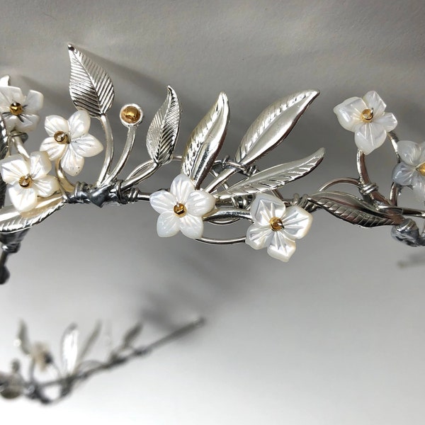 The OSTARA Elven Leaf Tiara Crown - Shell Flowers, Leaves, Organic, Timeless, Vintage, Bridal