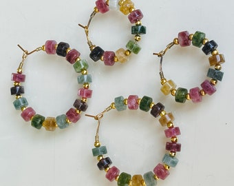 Rainbow Tourmaline Hoop Wire Bead Earrings Gemstone