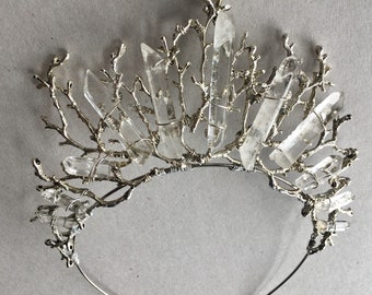 The ESME MAXI Crown - Quartz Raw Crystal and Branch Twig Antler Woodland Ethereal Natural Crown.