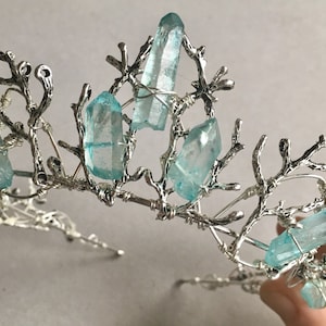 The URSULA Diadem. Branch Twig Coral Crystal Quartz Woodland Crown Tiara - Pale Blue Quartz Crystals.