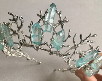 The URSULA Diadem. Branch Twig Coral Crystal Quartz Woodland Crown Tiara - Pale Blue Quartz Crystals.