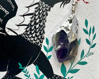 Silver Gilded Raw Amethyst Quartz Pendant Necklace, Witchy Boho Magic