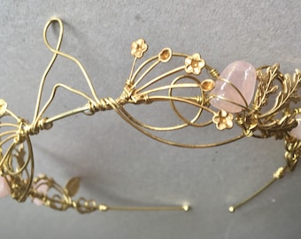 The ANAIS Rose Quartz Crystal Crown: Brass Gold Leaf Elvin Tiara