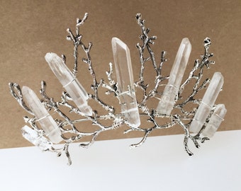 The ESME Crown - Quartz Raw Crystal and Branch Twig Antler Woodland Ethereal Natural Crown.