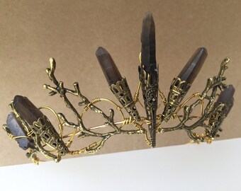 The THEODORA Crown - Smoky Quartz Raw Crystal and Aged Copper Branch Twig - Ethereal Natural Crown.