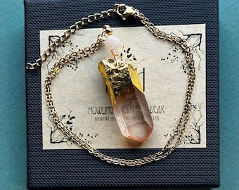 Gold Gilded Raw Dusky Pink Hematite Quartz Pendant Necklace, Witchy Boho Magic