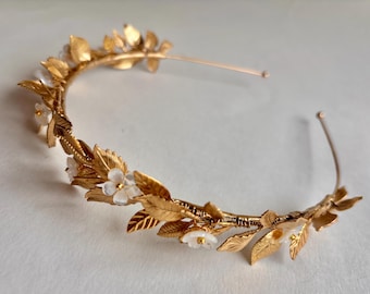 GRACIE Gold Leaf Vine Headband: Grecian Bridal Crown with Mother-of-Pearl Carved Shell Flowers Handmade