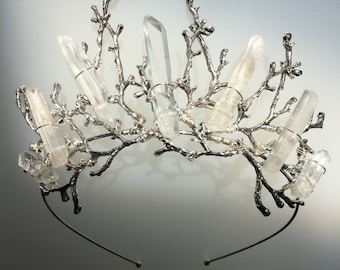 The ESME Crown - Quartz Raw Crystal and Branch Twig Antler Woodland Ethereal Natural Crown.