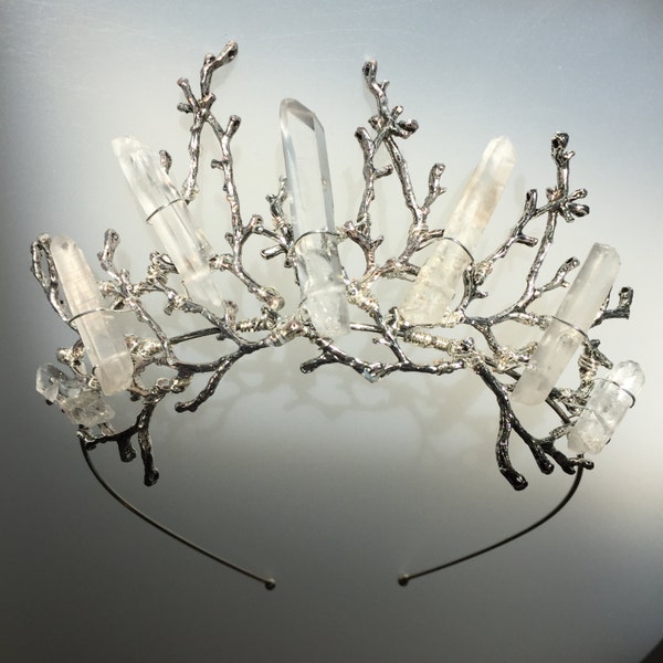 The ESME Crown - Quartz Raw Crystal and Branch Twig Antler Woodland Ethereal Natural Crown.