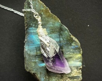 Silver Gilded Raw Amethyst Quartz Pendant Necklace, Witchy Boho Magic