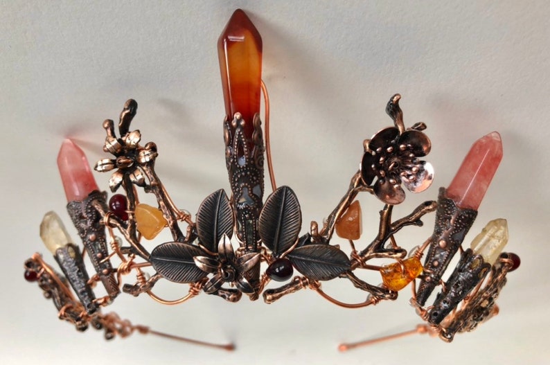 The AUBREY fire stone and flowers Crystal crown tiara. Blood Amber, Citrine, Garnet and Quartz. Vintage, Woodland, Bride, Game of Thrones image 9