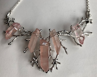 The URSULA Pink Quartz Crystal Necklace: Silver Branch Blue Stone Accent