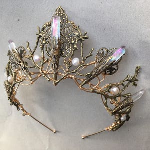 The EVANGELINE Crown, Angel Aura Rainbow Quartz Crystal, Filigree, Tiara, Prom, Festival, Wedding, Bridal, Fairy, Branch, Leaf, Flower image 2