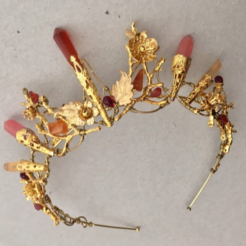 The AUBREY fire stone and flowers Crystal crown tiara. Blood Amber, Citrine, Garnet and Quartz. Vintage, Woodland, Bride, Game of Thrones image 10