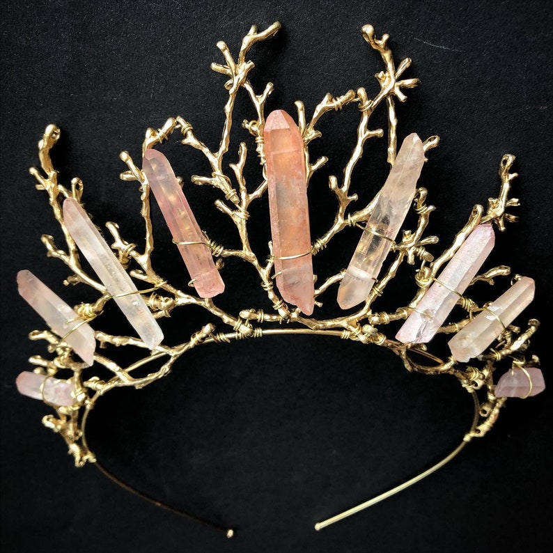 The ADA Crown Tiara Branch Twig Coral Diadem Pink Rose Gold Hematite Quartz Headpiece Mermaid Prom image 10