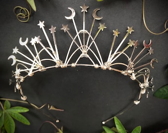 The BARBARELLA Retro Star and Moon Crown – 60s Sci Fi Headpiece Celestial Modern Art Deco Handmade