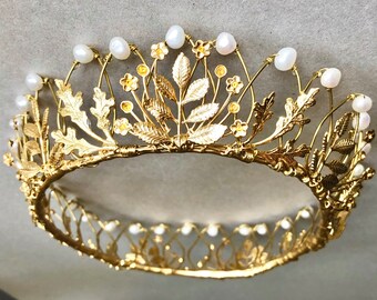 The FULL AGATHA Delicate Pearl Leaf Forest Gold Crown Renaissance Medieval Halo Circlet Freshwater Oak