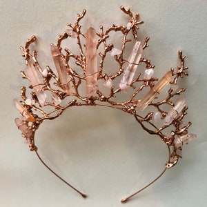 The ADA Crown Tiara Branch Twig Coral Diadem Pink Rose Gold Hematite Quartz Headpiece Mermaid Prom image 3