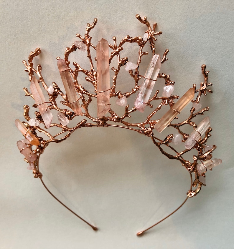 The ADA Crown Tiara Branch Twig Coral Diadem Pink Rose Gold Hematite Quartz Headpiece Mermaid Prom image 3