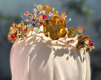 ONE OF A KIND Dopamine Rainbow Handmade Crystal Flower Crown Tiara Headdress Bridal Festival Party