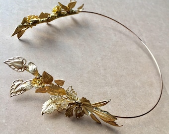 the FLORA Handmade Gold Leaf Flower Crown: Grecian Bridal Headband