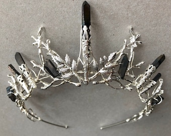 The DUSK INDIE - Black Titanium Quartz Leaf Tiara Diadem Crown - Prom Festival Goth Witchy Bride Handfasting