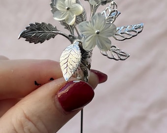 The MARGOT Buttonhole Handmade Metal Leaf Boutonniere: Mother of Pearl Flower Lapel Pin