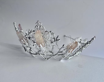 The ROSE EVANGELINE Handmade Silver Filigree Crown Pink Quartz & Pearl Tiara