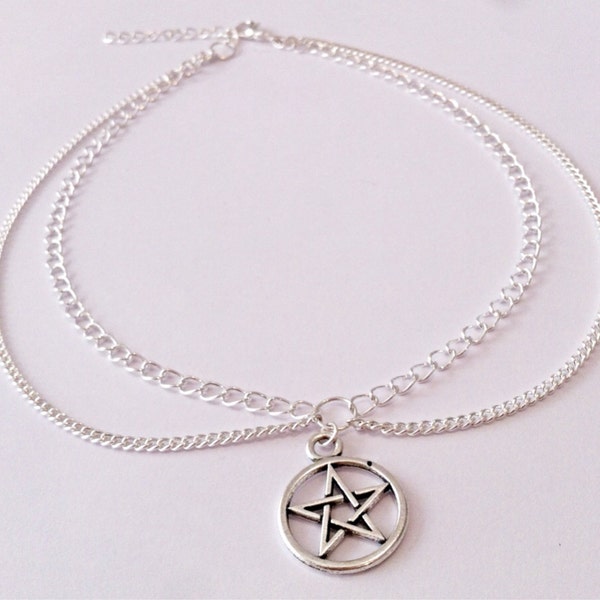 Handmade Silver Double Chain Layer Choker with Pentacle Pentagram Pendant - grunge, witch, goth, spiritual, magic, victoriana, 90s.