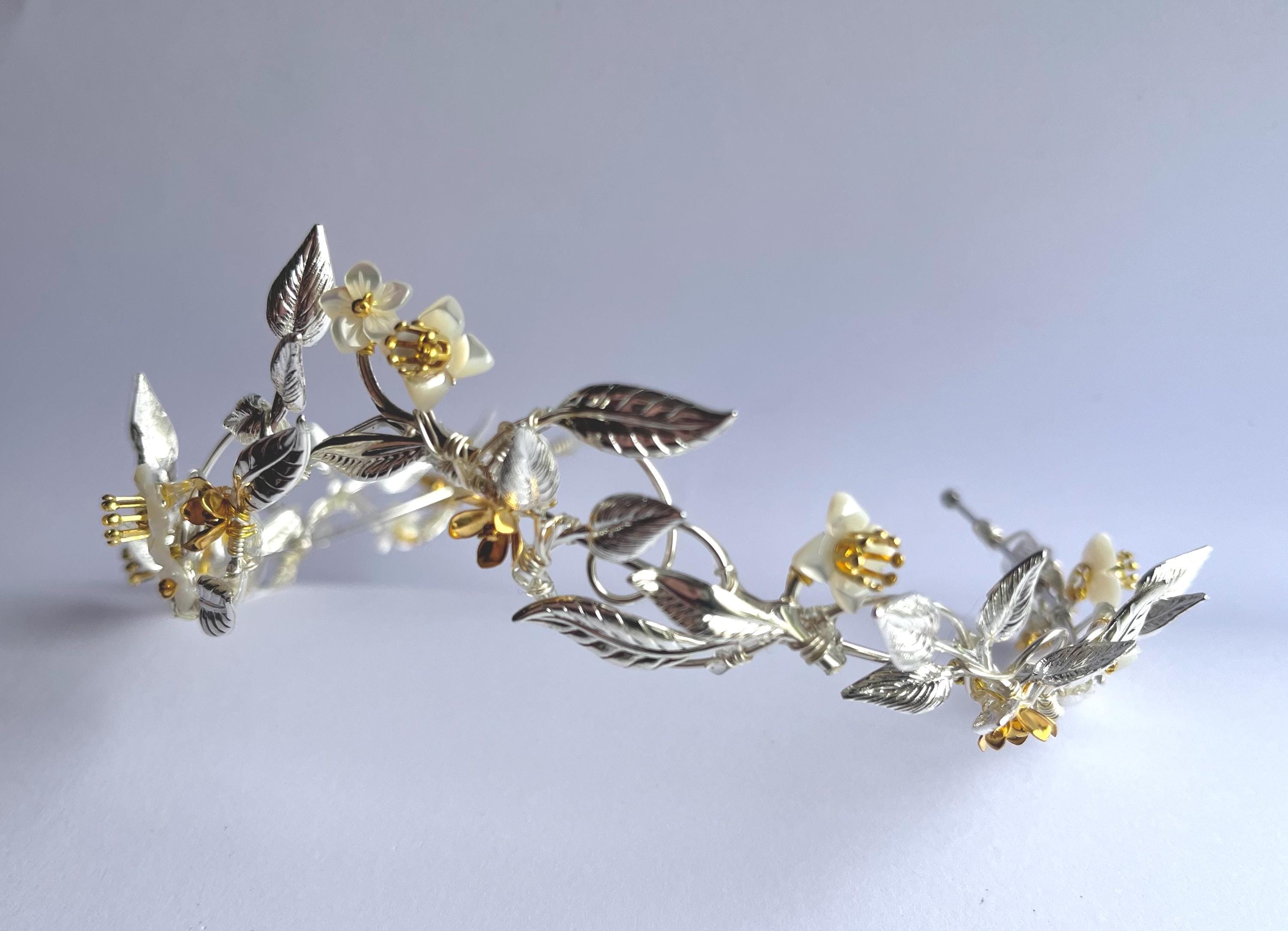 the LUCY Crown - Pevensea Narnia Inspired Silver Gold MOP Leaf Floral Circlet Tiara